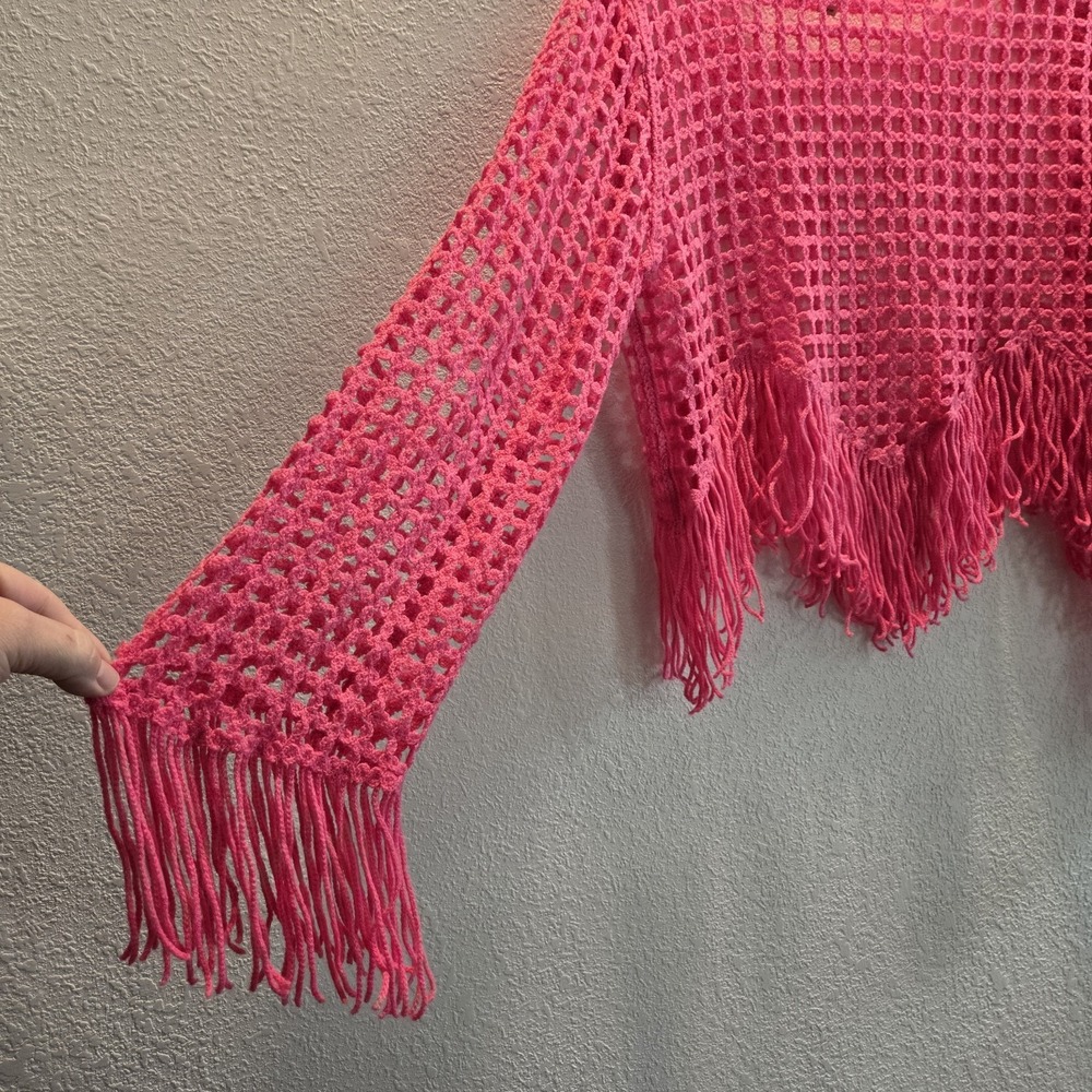 Pink Crochet Fringe Sweater Womens M Boho Festival Coachella Beach Cover Up Top - Picture 2 of 7